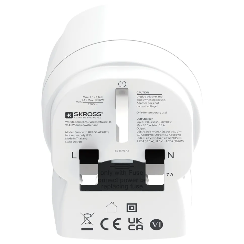 Skross Reseadapter Europa till UK USB AC PD 20W