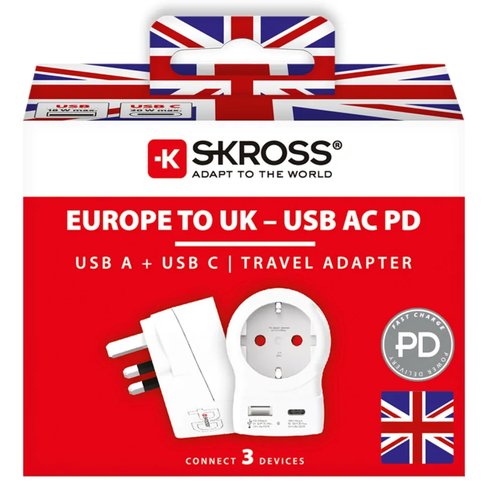 Skross Reseadapter Europa till UK USB AC PD 20W