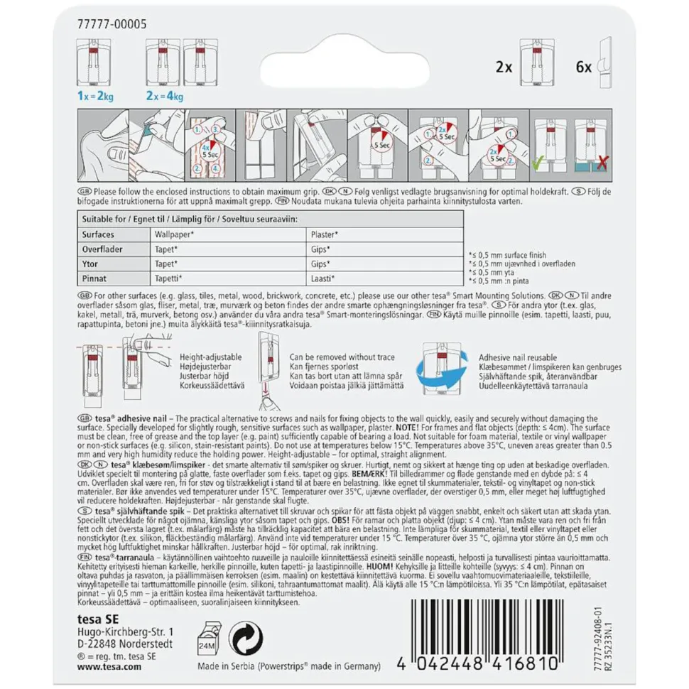 Tesa Justerbar häftspik för tapet och gips 2 kg 2-pack