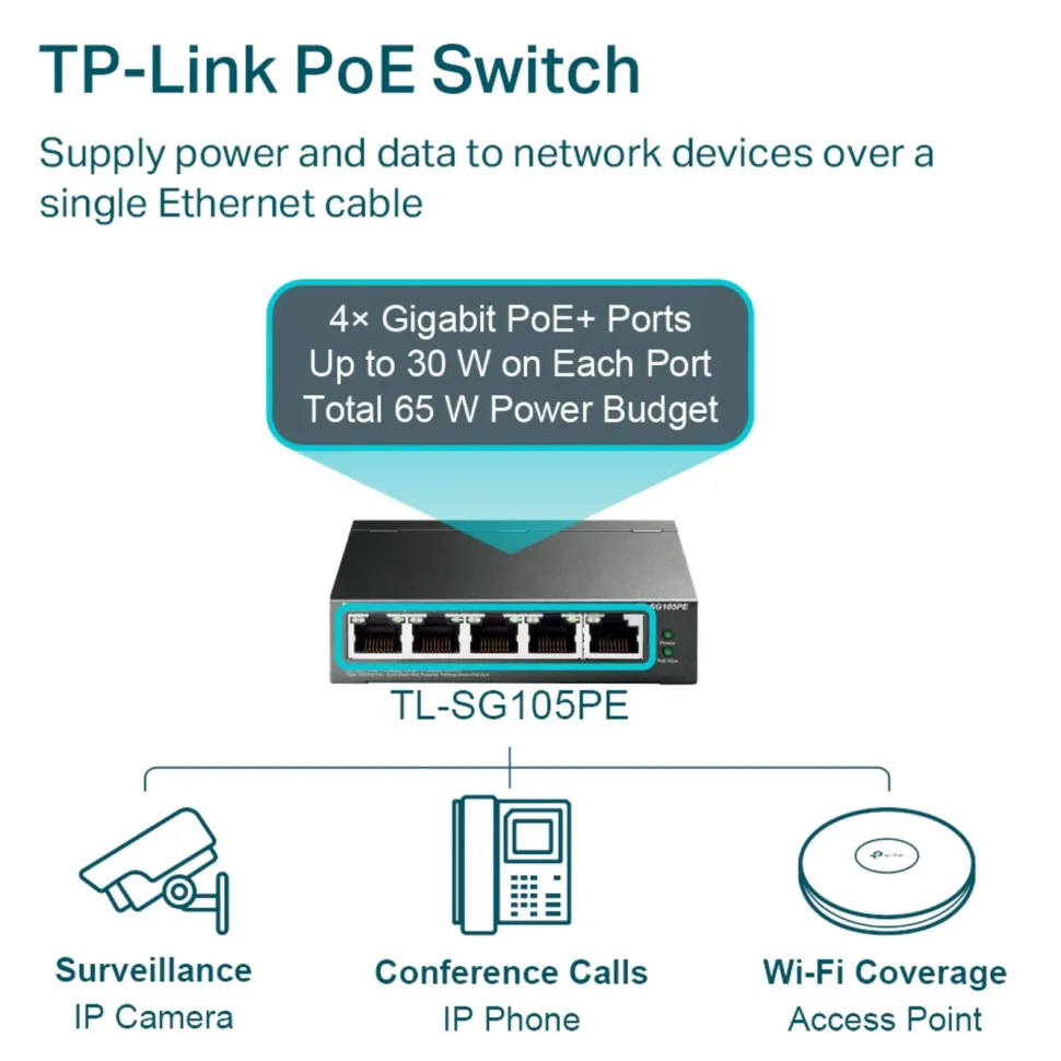 TP-Link TL-SG105PE Administrerbar gigabitswitch 5 portar PoE+