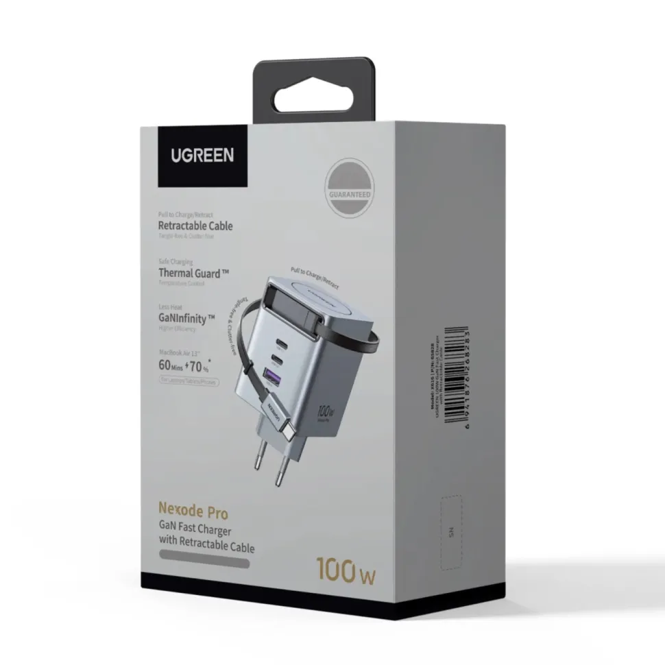 Ugreen Nexode 100 W GaN-snabbladdare med utdragbar USB-C-kabel