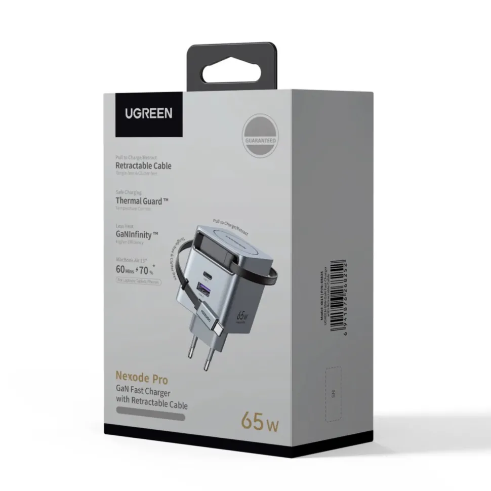 Ugreen Nexode 65 W GaN-snabbladdare med utdragbar USB-C-kabel 65 W
